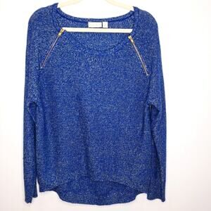 Bisou Bisou Michele Bonbot Zippered Hi Low Blue and Gold Sweater Medium